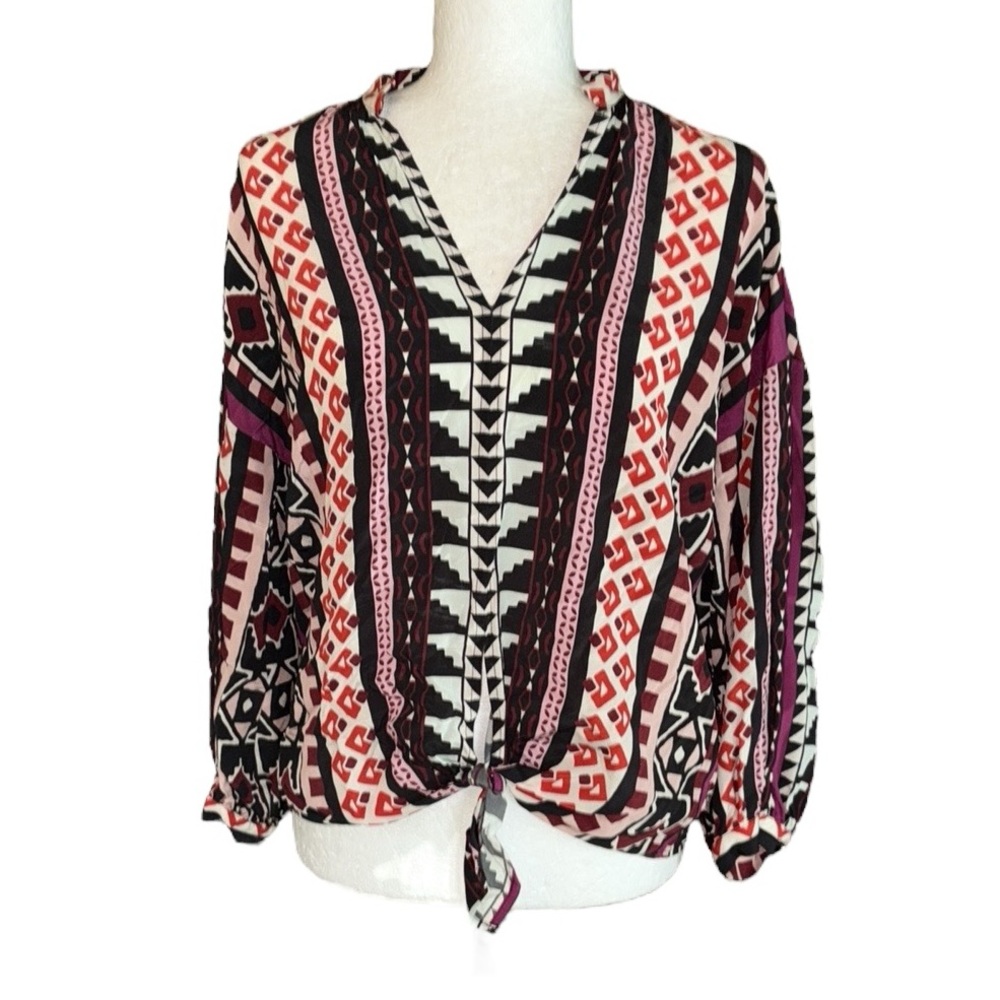 Marie Oliver Silk Geometric Print Tie Front Puff Sleeve  Cropped Blouse - XS